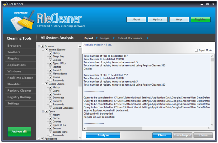 FileCleaner 4.5.0.9 - очистка системы Windows